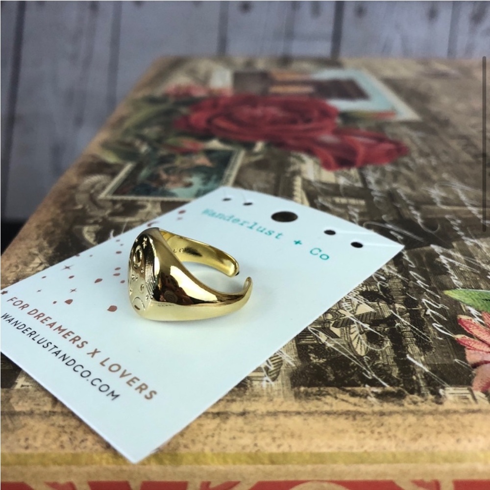 Wanderlust + Co 🌙 18K Gold Over S925, Adjustable “Orbit Signet” Ring - Picture 9 of 9
